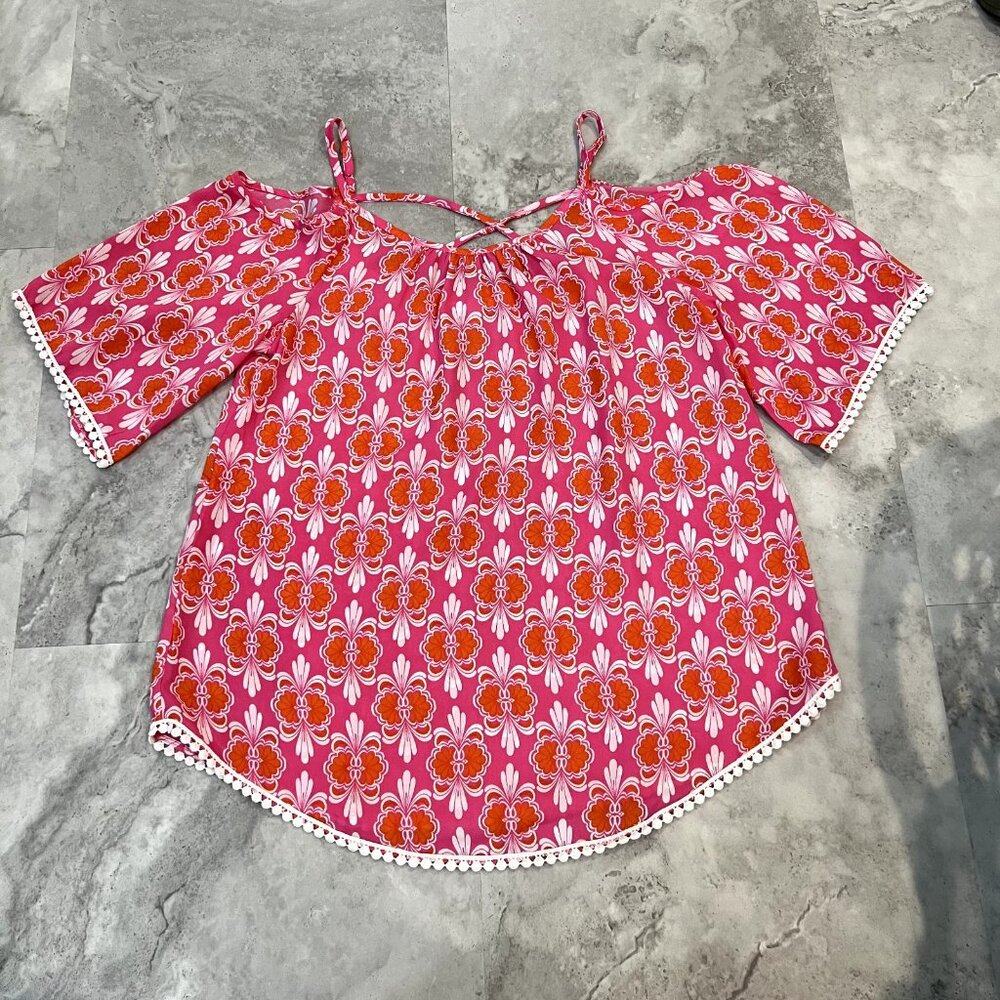 Charming Charlie Pink Orange & White Floral Print Off the Shoulder Y2K M‎